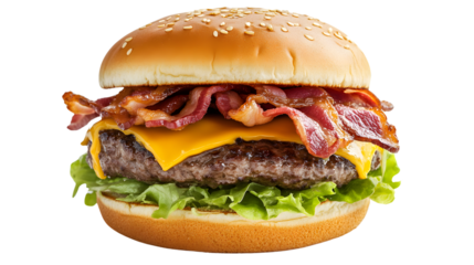 Delicious Juicy Beef Burger with Bacon and Cheese Isolated on White Background for Menu Design and Food Concept