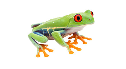 Obraz premium Red-eyed tree frog perched on transparent background, showing vibrant green skin and orange toes