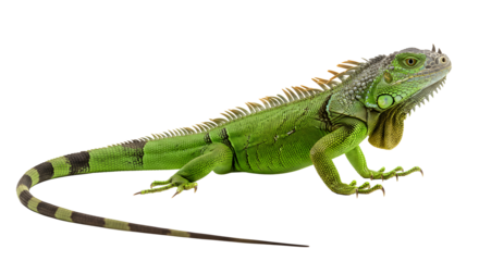 Green iguana walking slowly with scaly textured skin and long tail on transparent background