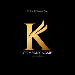 Golden font K with wing. Gold wing logo elegant. K logo template.