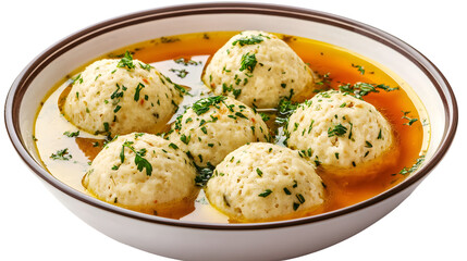 Fototapeta premium Delicious Matzoh Ball Soup on White Background for Professional Culinary Designs