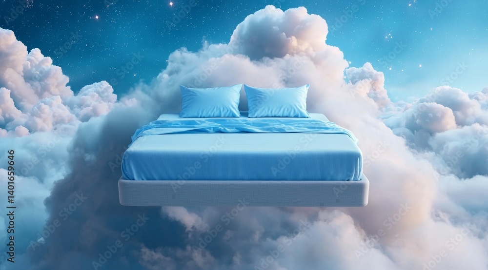 Poster bed is floating in the sky with clouds surrounding it
