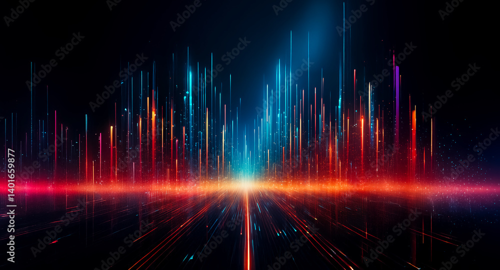 Poster abstract image with vibrant vertical lines in blue and red against a dark backdrop, resembling a fut