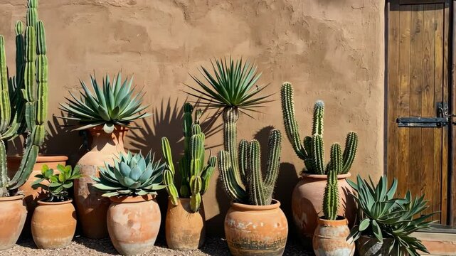 Collection of potted cacti and succulents against a textured adobe wall with a wooden door, creating a desert botanical scene.