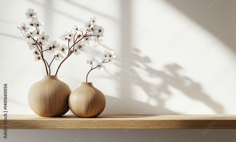 Poster two vases with flowers on a shelf in front of a window