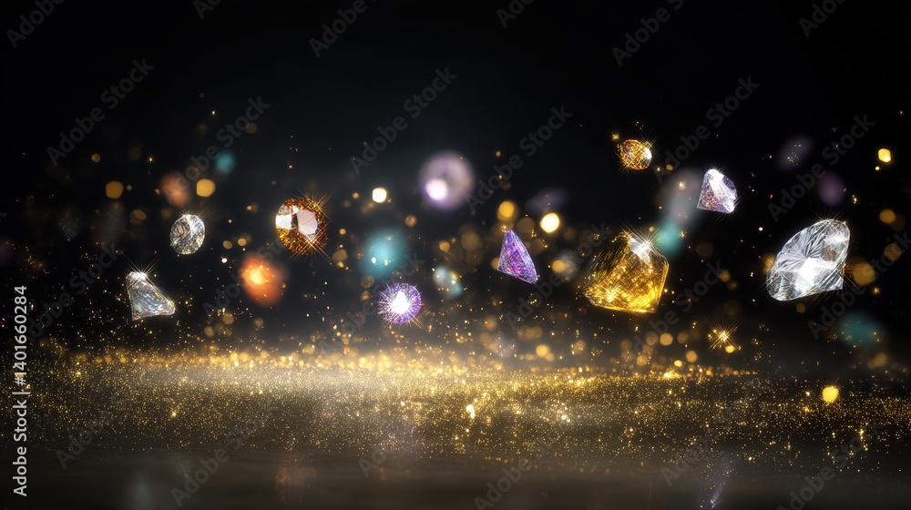 Poster colorful gems floating in a shimmering background with golden sparkles