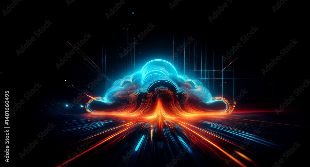 Poster abstract glowing cloud form with dynamic blue and orange light trails on a dark backdrop, suggesting