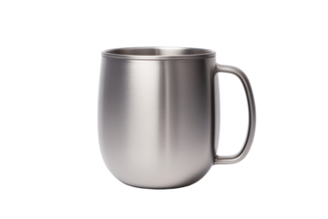 Silver coffee cup with a handle sits on a white background, isolated