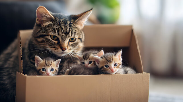 una mama gata con sus cachorros recien nacidos adorables y tiernos en una caja de carton de una casa felinos peque&ntilde;os y tiernos