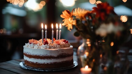 Birthday cake with candles and flowers in warm ambiance for celebration
