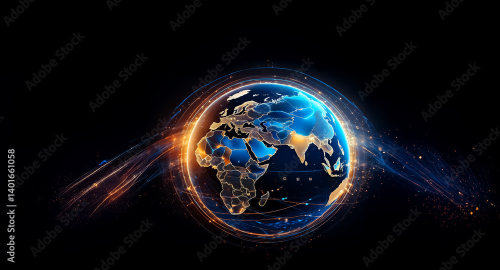 Poster glowing globe with continents illuminated, encircled by dynamic light trails on a dark backdrop. ene