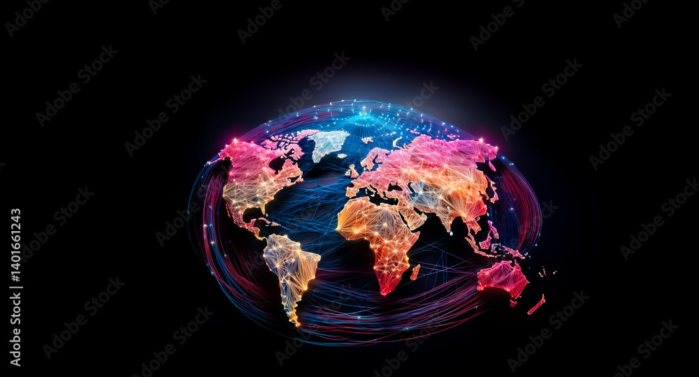 Poster a vibrant world map glows with colorful lights against a dark backdrop. streaks of light encircle th