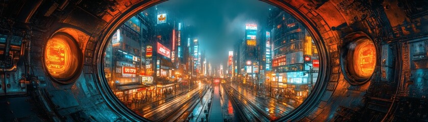 Naklejka premium Futuristic cityscape seen through a circular portal, highlighting urban landscape. The scene features vibrant lights and a dynamic, modern metropolis