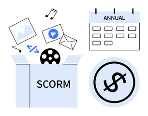 Open SCORM box with multimedia icons, coding tag, subscription calendar, and dollar sign. Ideal for eLearning, subscription model, content delivery, online tools, curriculum digital resources flat