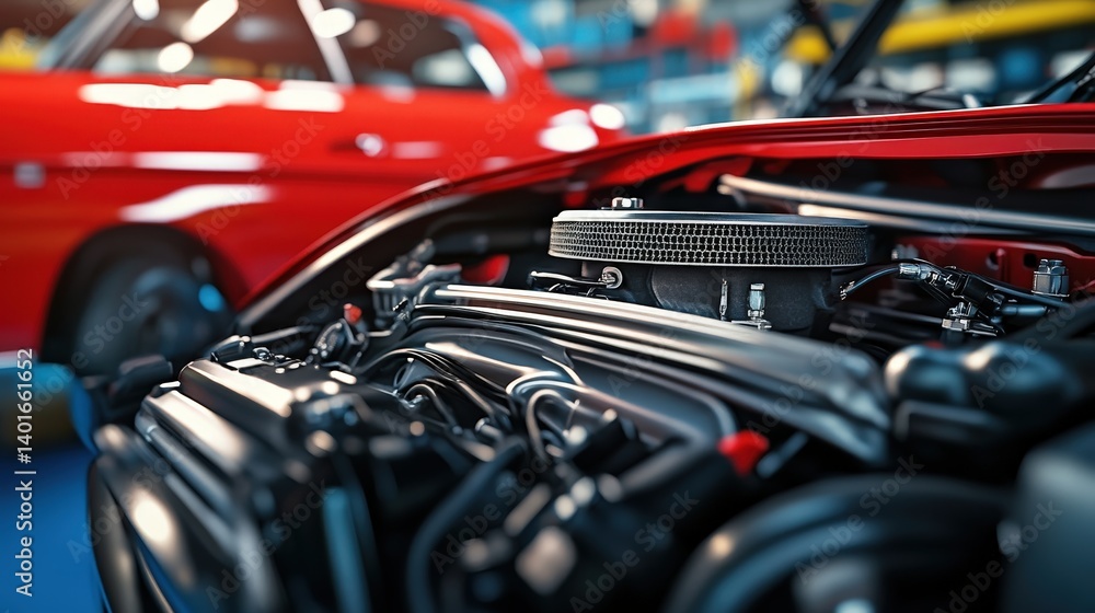 Poster close-up view of classic car engine in red setting