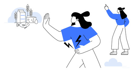 Two women, one rejecting dairy and fish, another pointing ahead. Symbols of food intolerance, health choices, diet change, allergy awareness, nutrition lactose-free lifestyle. Flat simple metaphor