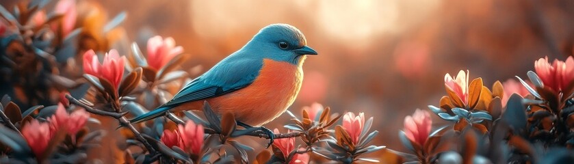 Fototapeta premium A charming bluebird perched among colorful flowers, with a soft, dreamy atmosphere