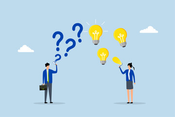question and answer, business individuals featuring question mark and light bulb thought bubble.