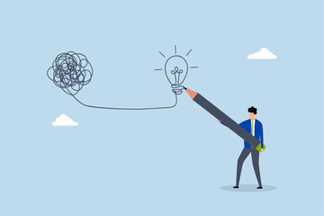 Creativity to solve problem, business man draw lightbulb from messy knot.