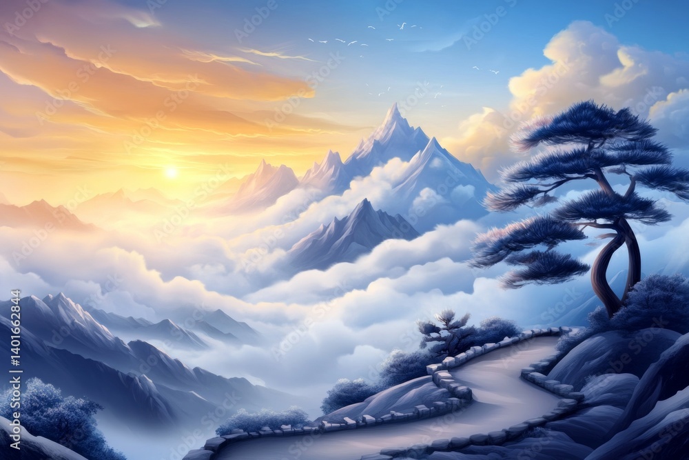 Poster a mountain range with a tree in the foreground
