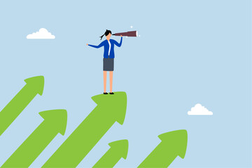 Searching for growth opportunity, Businesswoman examines arrows with binoculars to identify business opportunity.
