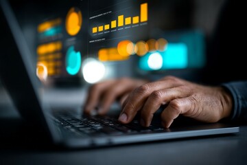 Adult male working on laptop with data analytics displayed on screen