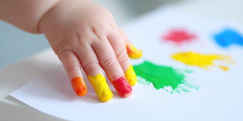 Baby draws with fingers and paint on paper. Finger painting for the development of fine motor skills.