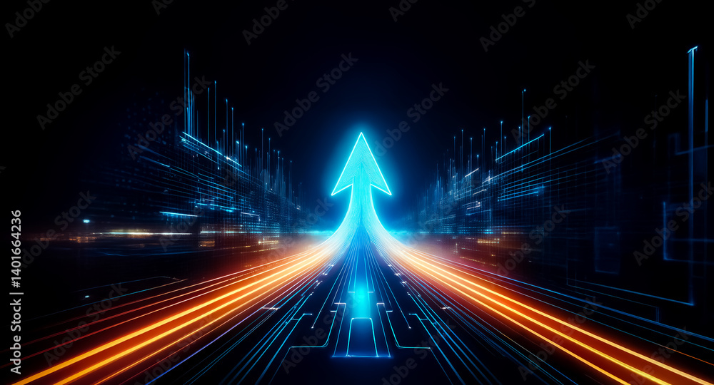 Aufkleber a glowing blue arrow ascends dynamically through a digital space, illuminated by streaks of orange l