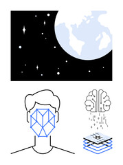 Face recognition map on a human head, brain emitting digital data, layers of AI technology, and Earth in space. Ideal for technology, innovation, AI, security, identity machine learning future