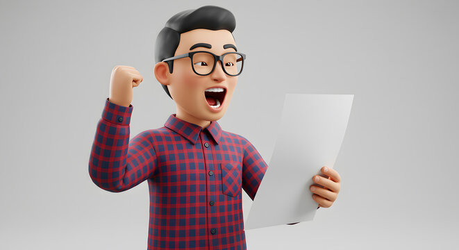 Cartoon character displaying joyous expression while holding a paper, portraying triumphant mood, achieving success and positive results