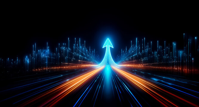 Glowing blue arrow points upwards, surrounded by streaks of light on a dark background, suggesting forward motion and digital progress.