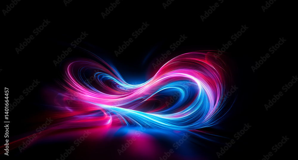 Fototapete abstract digital art features flowing light trails in vibrant pink and blue hues against a stark bla