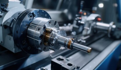 Close-up of a precision metal lathe machining a steel component in a factory setting.