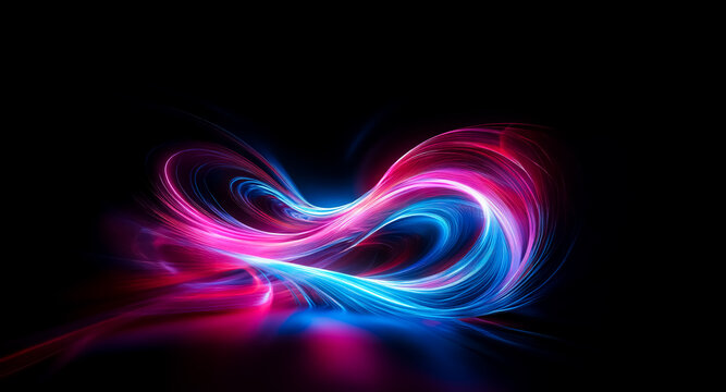 Abstract digital art features flowing light trails in vibrant pink and blue hues against a stark black backdrop. The dynamic and energetic composition evokes a sense of motion and modern elegance with