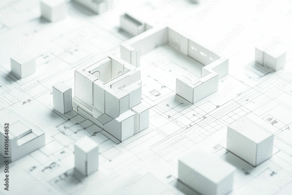 Poster examining architectural model on blueprint showing building planning and design