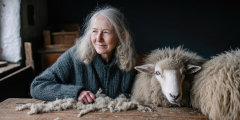Smiling woman farmer shaving fluffy sheep. Natural sheep wool, farming  