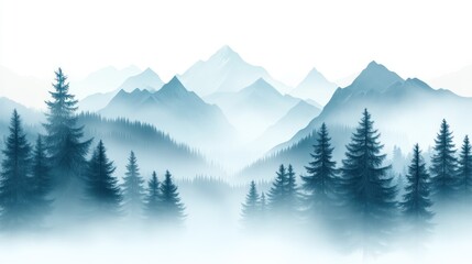 Foggy Mountain Landscape with Pine Trees and Layered Peaks
