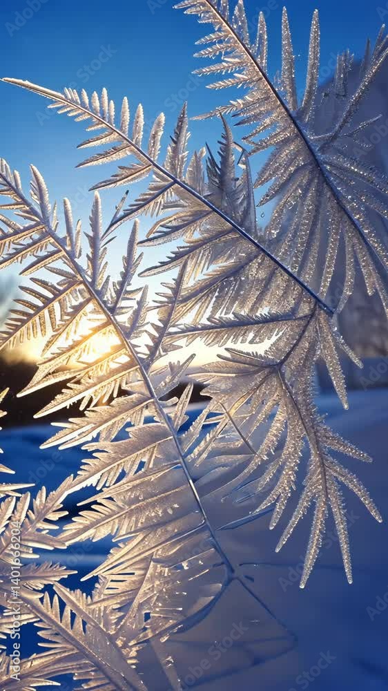 Poster Intricate frost patterns form delicate, fern-like crystals on a window pane, illuminated by the soft glow of the rising sun