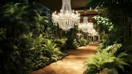 Obraz premium A lavishly decorated indoor tropical garden walkway adorned with crystal chandeliers.