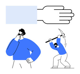 Man thinking, person mining with pickaxe, extended hand symbolizing action and support. Ideal for teamwork, productivity, decision-making, problem-solving, innovation leadership collaboration. Flat