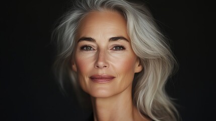 Fototapeta premium Portrait of a confident woman with silver hair showcasing natural beauty and elegance in a soft light setting