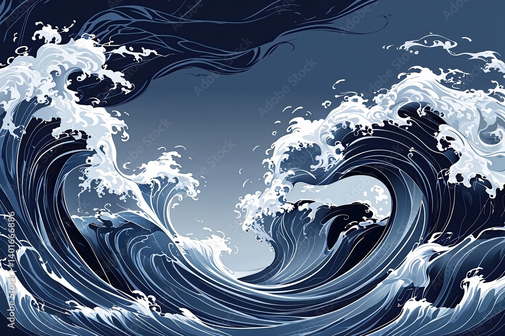 Poster Elegant Vector Artwork of Flowing Fabric in the Breeze Featuring Wave Patterns and Soft Indigo Accents