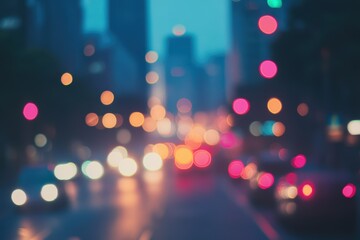 Blurred city street scene featuring cars and lights illuminated at night.
