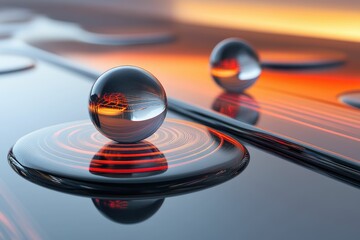 Glass Spheres Reflecting Red Light on Metallic Surface Technology Concept