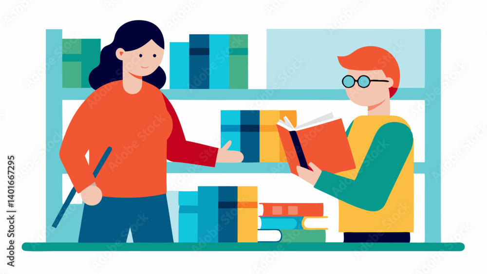 Poster library access a library scene where a librarian assists a visually impaired person with tactile boo