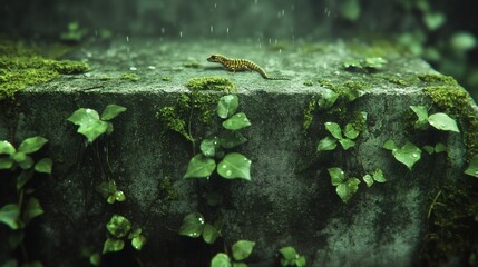 Obraz premium A lizard rests on a moss-covered stone step in a rainy environment, a scene of tranquility in nature