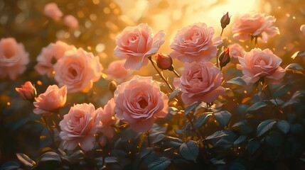 Beautiful pink roses garden blooming in sunlight romantic floral background wallpaper aesthetic image