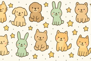 Fototapeta premium Adorable animal : playful doodles in linear style featuring cute characters