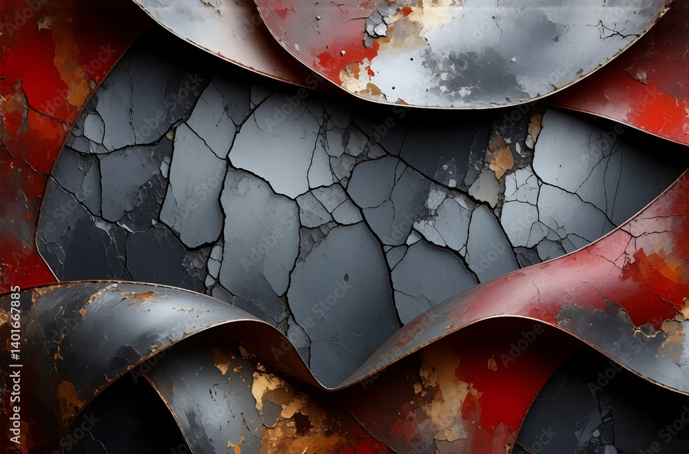 Poster abstract artwork featuring curving metallic and stone textures in red, black, gold, and grey. layere