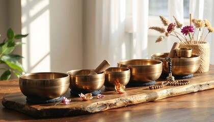 Beautifully arranged singing bowls with ceremonial items on a wooden surface in soft morning light, symbolizing harmony and spiritual practice for International Yoga Day